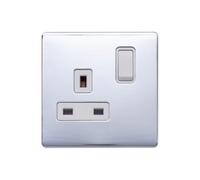 Polished Chrome Screwless Plate 13A 1 Gang Switched Plug Socket, Double Pole - White Trim - Se Home