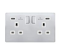 Polished Chrome Screwless Plate 2 Gang 13A Dp Ingot 2 Usb Twin Double Switched Plug Socket - White Trim - Se Home