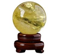 Polished Crystal Sphere Citrine Gemstone Ball Sculpture Figurine Pocket for, Decoration, Balancing with Wood Stand,90mm