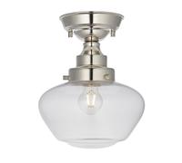 Polished Nickel Semi Flush Ceiling Light Fitting & Clear Glass Shade Low Profile