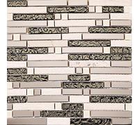 Polished Steel, Natural Stone and Silver Glass Brick Shape Mosaic Tile Sheet (MT0146)