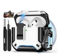 Polislime Compatible with AirPods 4 Case with Phone Stand,Automatic Snap Switch Lock,Carbon Fiber Texture Design Cover with Cleaner Kit,Compatible with MagSafe (White,for AirPods 4)