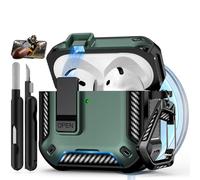 Polislime Compatible with AirPods 4 Case with Phone Stand,Automatic Snap Switch Lock,Carbon Fiber Texture Design Cover with Cleaner Kit,Compatible with MagSafe (Light Green,for AirPods 4)