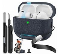 Polislime for AirPods Pro 3 Case 2025,with Phone Stand for Faux Leather AirPod Pro 3 Generation Case Cover with Wrist Strap & Cleaner Kit,iPod Pro 3 Cases for Men Women - DarkBlue