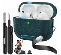 Polislime for AirPods Pro 3 Case 2025,with Phone Stand for Faux Leather AirPod Pro 3 Generation Case Cover with Wrist Strap & Cleaner Kit,iPod Pro 3 Cases for Men Women - Dark Green