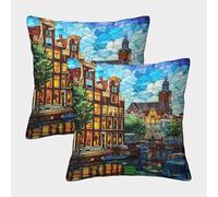 POLIUAWS Amsterdam Canal Glow Print Stylish Polyester Pillow Cases 2 Pack,Soft And Comfortable Pillowcases For Hair Luxury Polyester Pillowcase 50x50cm