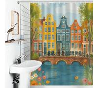 POLIUAWS Amsterdam Canal Houses And Bicycles Quick Drying Proof Resistant Shower Curtains Set with 12 Hooks for Stalls Bathtubs 53.54x70.87Inch（136x180cm）
