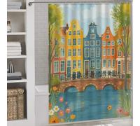 POLIUAWS Amsterdam Canal Houses And Bicycles Waterproof Polyester Fabric Modern Fabric Bathroom Decor Set for Bathroom Wet Room 64.17x70.87Inch（163x180cm）