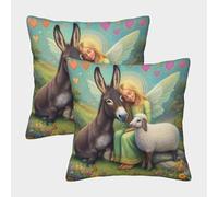 POLIUAWS Angel's Tender Moment with Donkey And Lamb Zipper Pillow Case Polyester Pillow Case Machine Washable Pillow Protectors 40x40cm Pillows Not Included