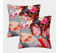 POLIUAWS Anime Girl with Fan And Flowers King Size Pillow Cases for Hair And Skin Silky Soft Pillow Covers Pack of 2 45x45cm