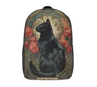 POLIUAWS Art Nouveau Black Cat with Flowers Backpacks Kids School Backpack School Bag 3D Printed School Bag for Boys Elementary And Middle School Students 17inch