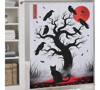POLIUAWS Black Cat And Crows Under Red Moon Modern Polyester Water Repellent Fabric Polyester Bath Shower Curtains Mildew for Stalls Bathtubs 69.69x70.87Inch（177x180cm）