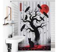 POLIUAWS Black Cat And Crows Under Red Moon Shower Curtains Mould Proof 100% Polyester Fabric Washable Bathroom Decor Curtains for Shower Bath Curtain Wet Room 46.85x70.87Inch（119x180cm）