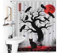 POLIUAWS Black Cat And Crows Under Red Moon Shower Curtains Mould Proof Waterproof Fabric Hilarious Bath Curtain with Hooks for Bathroom Wet Room 56.30x70.87Inch（143x180cm）