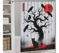POLIUAWS Black Cat And Crows Under Red Moon Shower Curtains Mould Proof Waterproof Polyester Fabric Modern Fabric Bathroom Decor Set for Bathroom Bathtub Apartment Decor 64.17x70.87Inch（163x180cm）