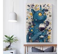 POLIUAWS Blue Cat's Wine Adventure Artwork for Living Room Living Room Canvas Wall Art for Teenage Boys Bedroom 24x36inch(60x90cm)