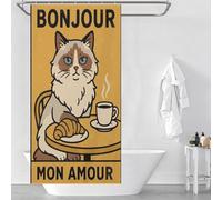POLIUAWS Bonjour Mon Amour Cat Illustration Bath Shower Curtains Mildew Fabric Polyester Hilarious Bath Curtain for Bathroom Bathtub Apartment Decor 35.43x70.87Inch（90x180cm）
