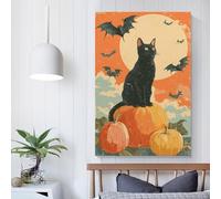POLIUAWS Cat on Pumpkin Moonlit Night Wall Paintings for Living Room Wall Art Canvas Bedroom 08x12inch(20x30cm)