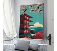 POLIUAWS Cherry Blossom Temple View Wall Canvas Art for Bedroom Animal Lovers Grey Wall Art For Home Modern Decoration 24x36inch(60x90cm)