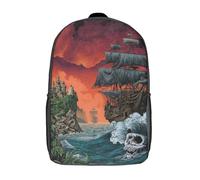 POLIUAWS Children's Backpack 3D Printed Skull Waves & Castle Sails Schoolbag Student Daypack Fashion Casual Lightweight School Bags for School College Travel 17inch