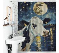 POLIUAWS Cow Under The Moon Quick Drying Proof Resistant Shower Curtains Set with 12 Hooks for Stalls Bathtubs 53.54x70.87Inch（136x180cm）