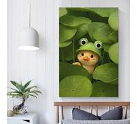 POLIUAWS 'Cute Chick with Frog Hat in Lilypads Art Retro Illustration Poster Canvas Poster Wall Art Decor Living Room Bedroom Decoration Posters 24x36inch(60x90cm)