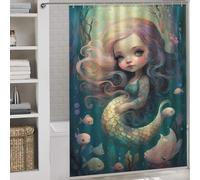 POLIUAWS Cute Mermaid Fabric Polyester Shower Curtains Set with 12 Hooks for Bathroom Bathtub Apartment Decor 64.17x70.87Inch（163x180cm）