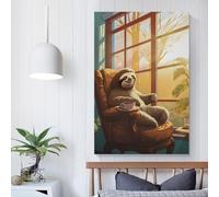 POLIUAWS Cute Sloth Coffee Morning Painted Effect Canvas Painting Modern Wall Home Office Decor Wedding PosterHome Decor- 12x18inch(30x45cm)