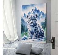 POLIUAWS Cute Snow Leopard Cub in Mountains Watercolor Wall Pictures Living Room for Rustic Farmhouse Bathroom Decor Modern Art Prints 20x30inch(50x75cm)