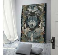 POLIUAWS Four Wolves in Dreamcatcher Art Work for Home Walls for Gifts Bathroom Home Kitchen Office Decor Modern Wall Art 24x36inch(60x90cm)