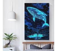 POLIUAWS Glowing Whale Above Water, Boy Watching Modern Wall Artwork for Adults And Kids DIY Oil Painting on Canvas Wall Art Decoration Gift 16x24inch(40x60cm)