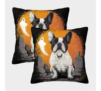 POLIUAWS Halloween Graveyard Pup Pillow Cases 2 Pack, Satin Pillowcase for Hair And Skin, Pillow Cases Standard Size, Super Soft Pillow Case with Envelope Closure 40x40cm