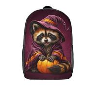 POLIUAWS Halloween Raccoon Witch School Backpack for Girls Backpack Water Repellent Casual Daypack Lightweight Rucksack Boy Girl School Backpack for Middle School Students 17inch
