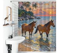 POLIUAWS Horses in The Ocean at Sunset Quick Drying Proof Resistant Hilarious Bath Curtain for Travel Trailer 53.54x70.87Inch（136x180cm）
