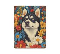POLIUAWS Husky in Flowers Husky Surrounded by Summer Florals Dog Wall Art Print Iron Water Proof Wall Art Decoration Home Offices 15.7"x11.8"