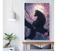 POLIUAWS Japanese Black Fox Kitsune Cat in Cherry Blossoms Living Room Decorations for Wall for Bedroom Office Bathroom Decor Large Canvas Wall Art for Living Room 20x30inch(50x75cm)