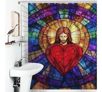 POLIUAWS Jesus Sacred Heart Stained Glass Fabric Polyester Modern Fabric Bathroom Decor Set for Kids Women Men 56.30x70.87Inch（143x180cm）
