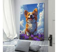 POLIUAWS Joyful Corgi in Flowers Living Room Decorations for Wall for Bedroom Office Bathroom Decor Large Canvas Wall Art for Living Room 24x36inch(60x90cm)