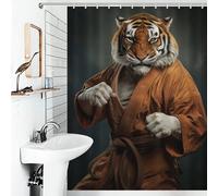 POLIUAWS Karate Tiger 100% Polyester Fabric Washable Hilarious Bath Curtain for Bathroom with Hooks 53.54x70.87Inch（136x180cm）