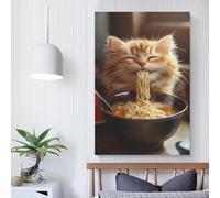 POLIUAWS Kitty's Noodle Feast -2 Cheap Canvas Print for Bedroom Office Bathroom Decor Grey Wall Art 20x30inch(50x75cm)