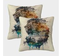 POLIUAWS LION WATERCOLORS Cushion Covers Square Polyester Pillow Covers Invisible Zipper Pillow Cases for Living Room Bedroom Sofa 40x40cm