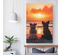 POLIUAWS Lovely Couple Dogs Watching Sunset on The Beach Wall Decor Poster Oil Painting Boho Rustic Wall Poster for Bedroom Living Room Decor 08x12inch(20x30cm)