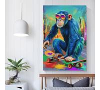 POLIUAWS Monkey on A Skateboard Living Room Pictures for Walls Animal Art Wall Canvas Home Office Kitchen Gallery Corridor Bathroom Wall Decor Ready To Hang 24x36inch(60x90cm)