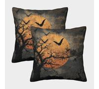 POLIUAWS Moonlit Bats And Bare Trees Printed Throw Pillow Case Set Of 2, 50x50cm Square Pillowcases Soft Cushion Covers For Home Decor Sofa Livingroom Couch