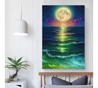 POLIUAWS Moonlit Ocean Waves Posters Prints Oil Canvas Mural Painting Lying Sideways Modern Wall Art Bathroom Decor 16x24inch(40x60cm)