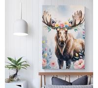 POLIUAWS Moose with Floral Crown Watercolor Wall Pictures Bedroom for Living Room Kids Children Girl Boys Birthday Party Gift Artwork 08x12inch(20x30cm)