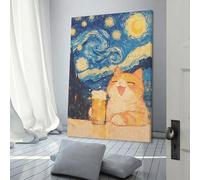 POLIUAWS Orange Cat Beer Starry Night Poster Wall Decoration Nordic Retro Poster Modern Home Decor Art Canvas Prints Birthday Gifts Women 16x24inch(40x60cm)
