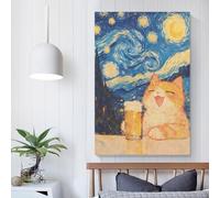 POLIUAWS Orange Cat Beer Starry Night Vintage Travel Posters Landscape 12x18inch(30x45cm) Canvas Wall Art Print Painting for Wall Decor Living Room Bedroom