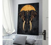 POLIUAWS Sacred Elephant Vector Portrait with Golden Moon Wall Canvas for Living Room Bedroom Kitchen Hallway Stairs 3d Wall Art 12x18inch(30x45cm)