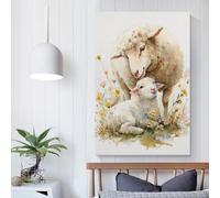 POLIUAWS Sheep And Lamb in Flowers Picture Canvas Home Office Kitchen Gallery Corridor Bathroom Wall Decor Ready To Hang 20x30inch(50x75cm) Canvas Artwork for Wall